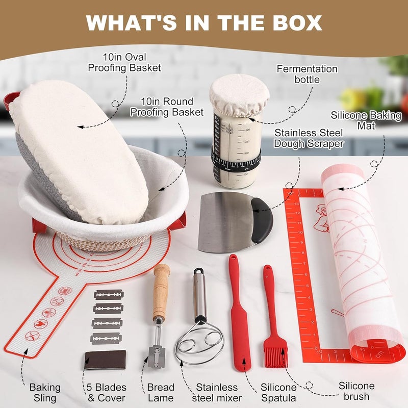 Tunyet Sourdough Bread Baking Supplies, Banneton Bread Proofing Basket, 10 Inch Oval & Round Bread Baskets with Liners & Covers, Sourdough Starter Kit - Image 2